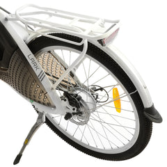 Ecotric Lark - 26inch White Electric City Bike For Women with basket and rear rack - Top Speed 25 MPH